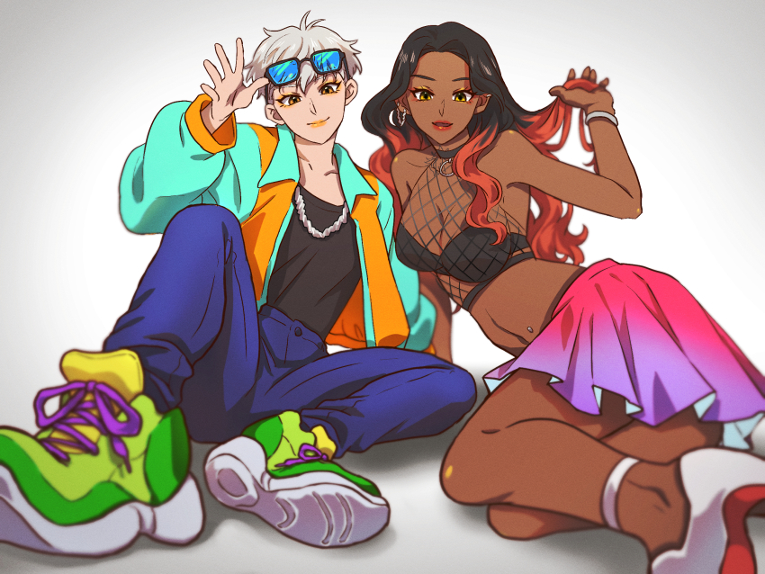 2girls, alternate_costume, animification, apex_legends, black_hair, black_shirt, blue-tinted_eyewear, blue_jacket