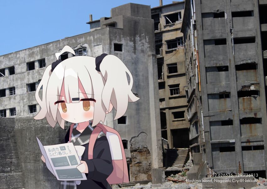 1girl, @_@, backpack, bag, black_jacket, blue_sky, blush, brown_eyes, building, closed_mouth, commentary_request, day, grey_hair, grey_sailor_collar, hair_between_eyes, hair_ornament, hairclip, hashima_island, highres, holding, jacket, long_sleeves, nakkar, open_clothes, open_jacket, original, outdoors, photo_background, plaid_clothes, plaid_sailor_collar, puffy_long_sleeves, puffy_sleeves, ruins, sailor_collar, sky, sleeves_past_wrists, solo, twintails