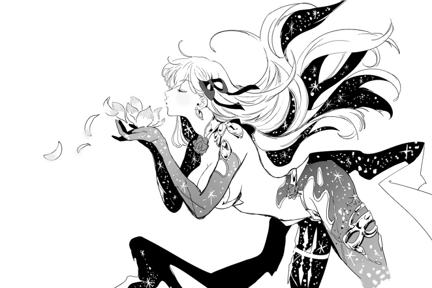 1girl, breasts, cleavage, closed_eyes, earrings, elbow_gloves, eyebrows_hidden_by_hair, fate/grand_order, fate_(series), flower, from_side, gloves, greyscale, holding, holding_petal, jewelry, kama_(adult)_(fate), kama_(assassin)_(third_ascension)_(fate), kama_(fate), kama_(third_ascension)_(fate), kisaragi_kokoro_(hazuki), large_breasts, long_hair, monochrome, open_mouth, petals, ribbon, solo