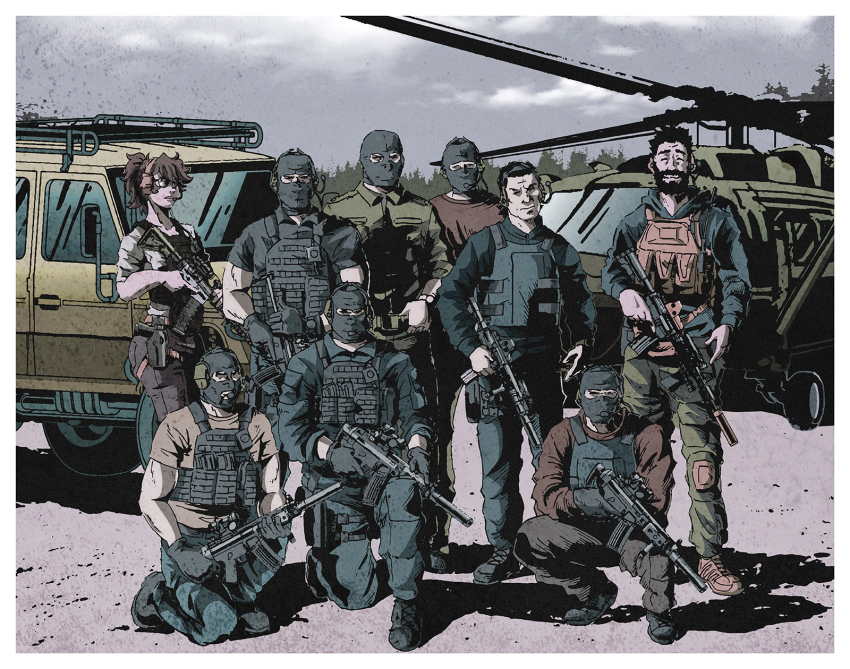 1girl, 2boys, 6+others, aircraft, ambiguous_gender, ammunition_pouch, assault_rifle, balaclava