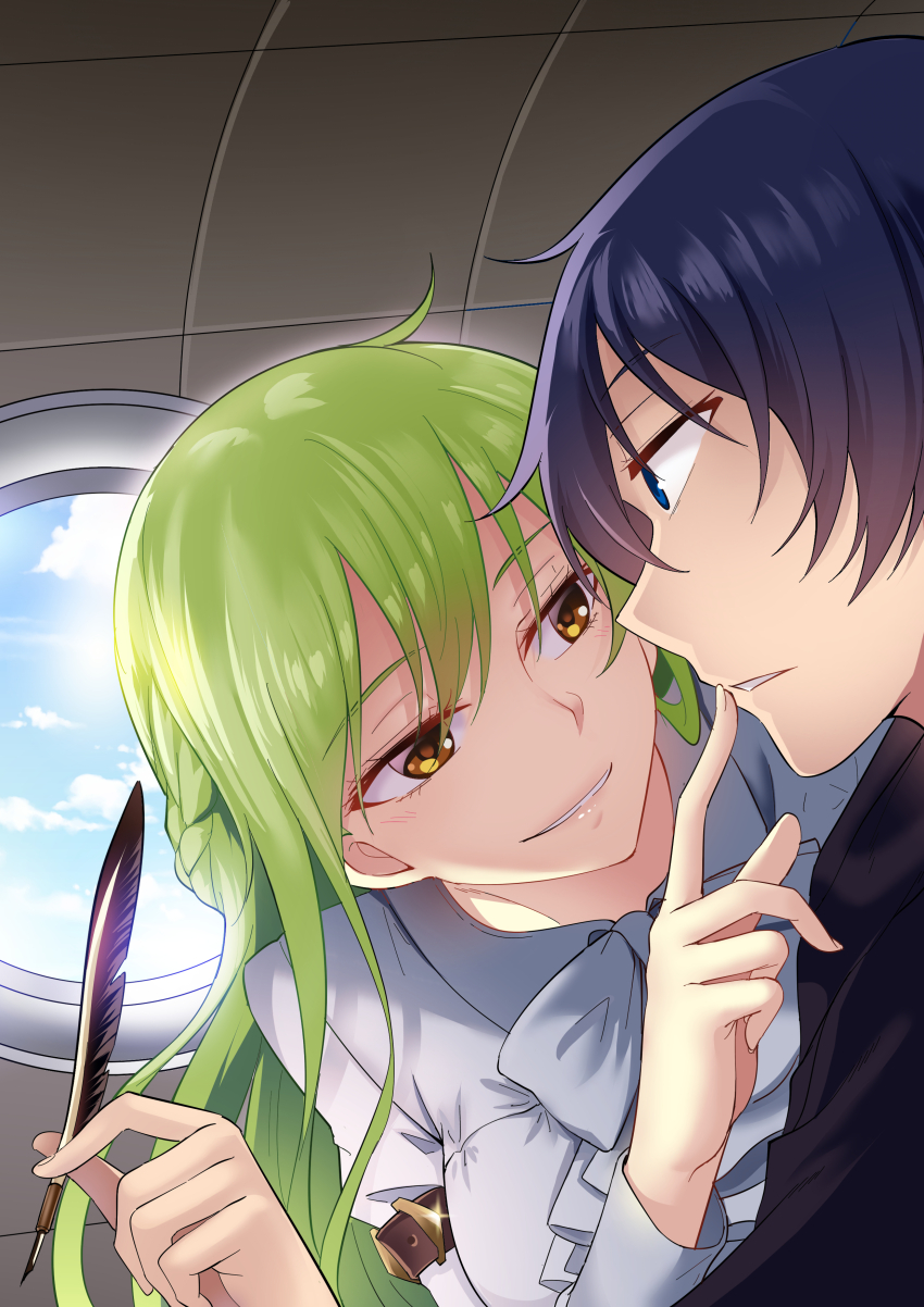 1boy, 1girl, :d, absurdres, airplane_interior, black_shirt, blue_eyes, blue_hair