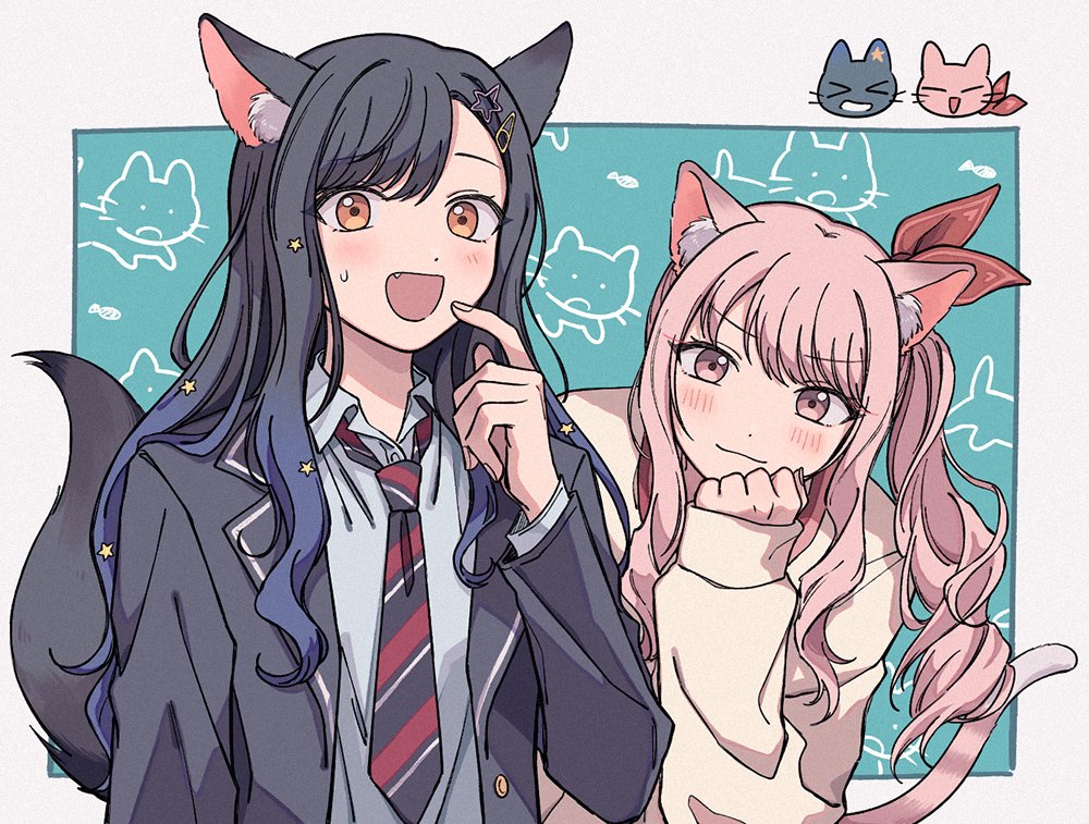 1girl, 1other, :d, akiyama_mizuki, androgynous, animal_ear_fluff, animal_ears, animalization