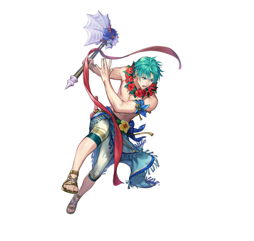 1boy, axe, blue_eyes, blue_hair, blue_sarong, ephraim_(fire_emblem), ephraim_(summer)_(fire_emblem), fire_emblem