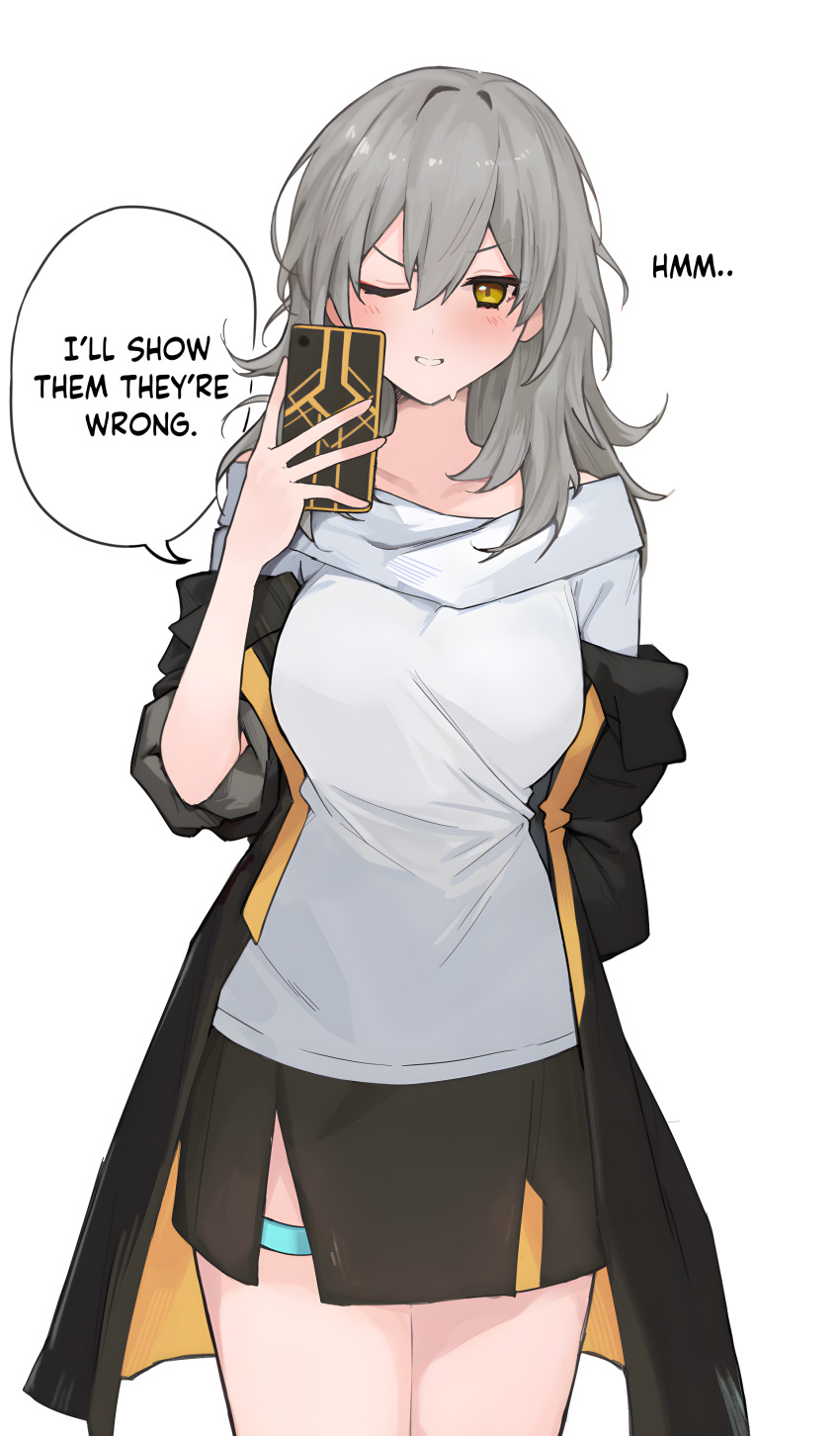 1girl, absurdres, arm_behind_back, black_jacket, blush, breasts, cellphone, commentary_request