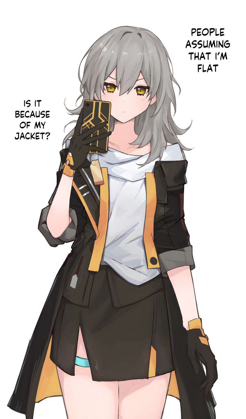 1girl, absurdres, black_gloves, black_jacket, blush, cellphone, closed_mouth, commentary_request