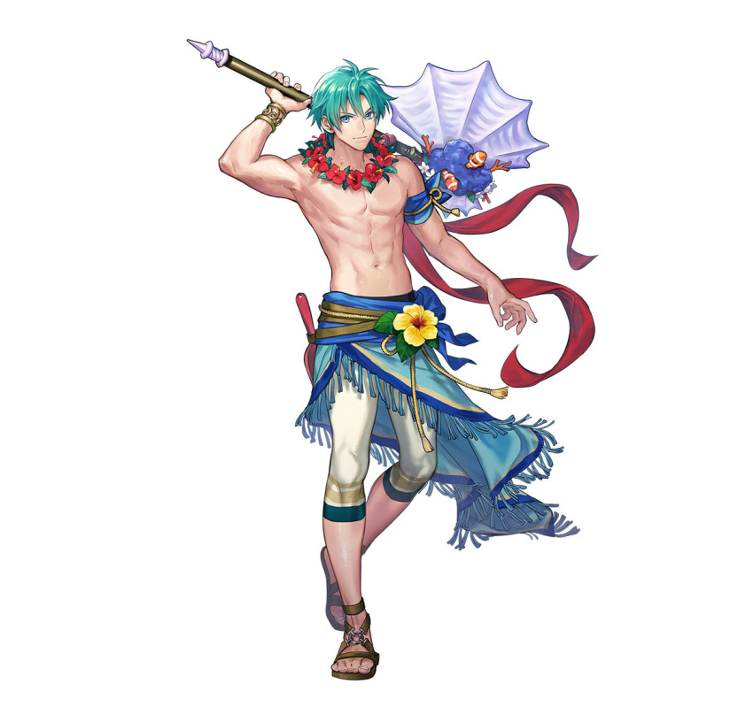 1boy, axe, blue_eyes, blue_hair, blue_sarong, ephraim_(fire_emblem), ephraim_(summer)_(fire_emblem), fire_emblem