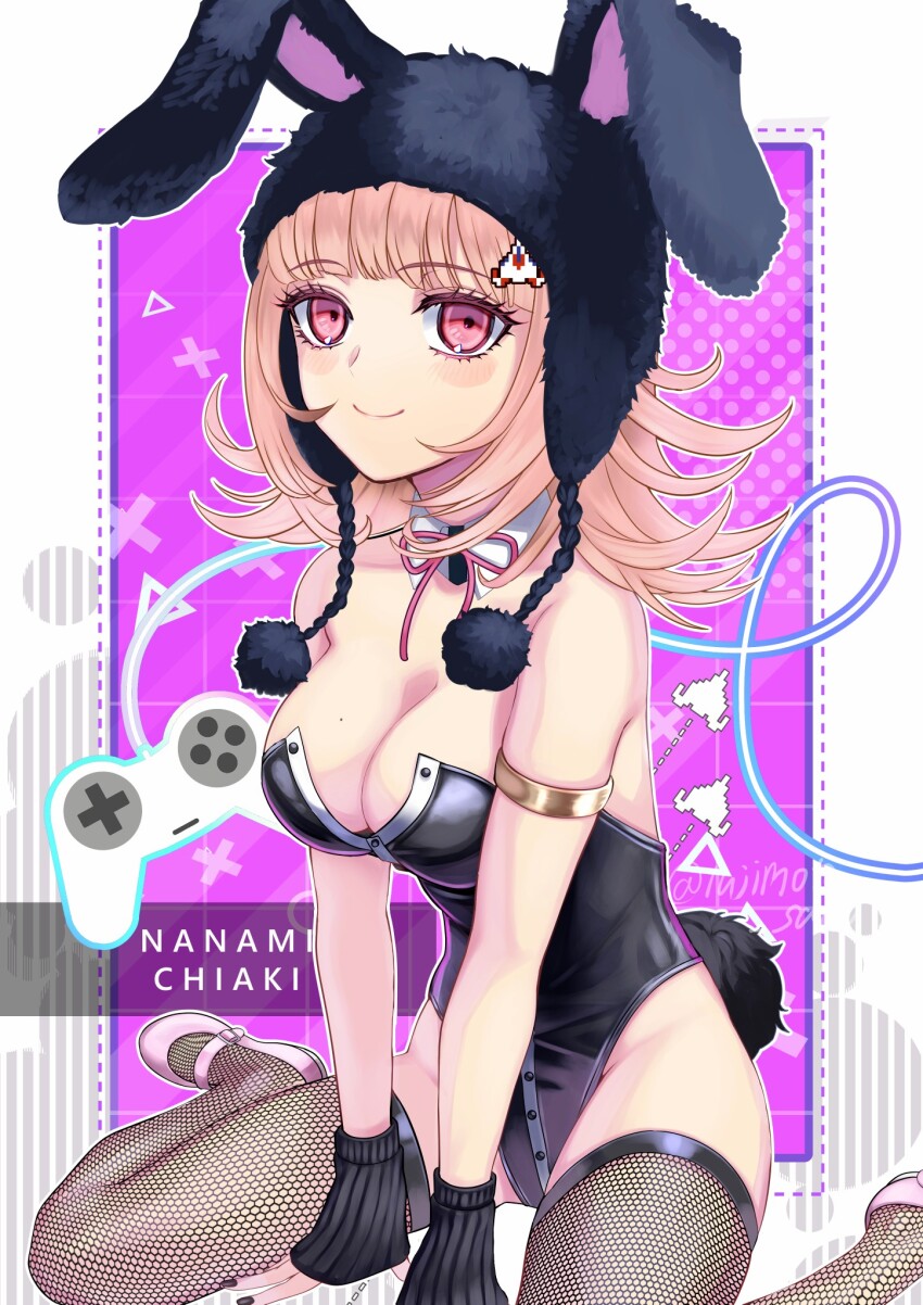 1girl, animal_ears, animal_hood, bare_shoulders, black_leotard, breasts, brown_hair, character_name