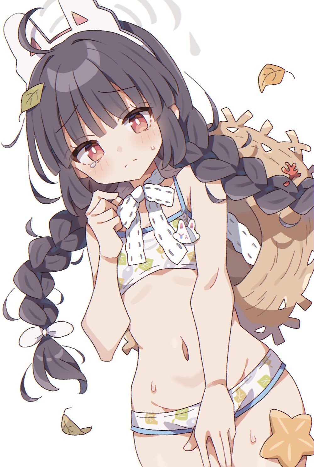 1girl, ahoge, animal_ears, bikini, black_hair, blue_archive, blush, braid