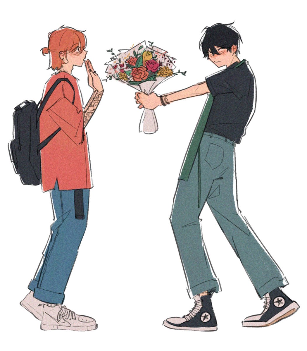 2boys, arm_tattoo, backpack, bag, black_bag, black_footwear, black_shirt, blue_pants