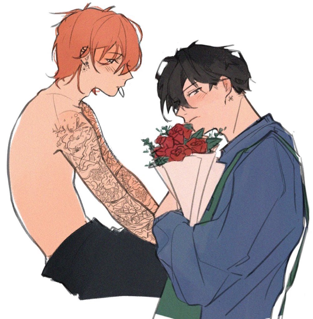 2boys, arm_tattoo, black_pants, blue_sweater, bouquet, ear_piercing, earrings, flower