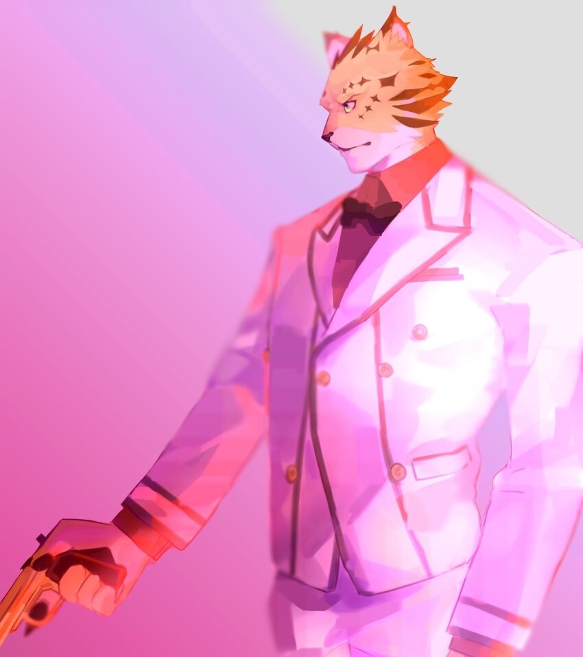 1boy, animal_ears, bara, black_bow, black_bowtie, bow, bowtie, closed_mouth