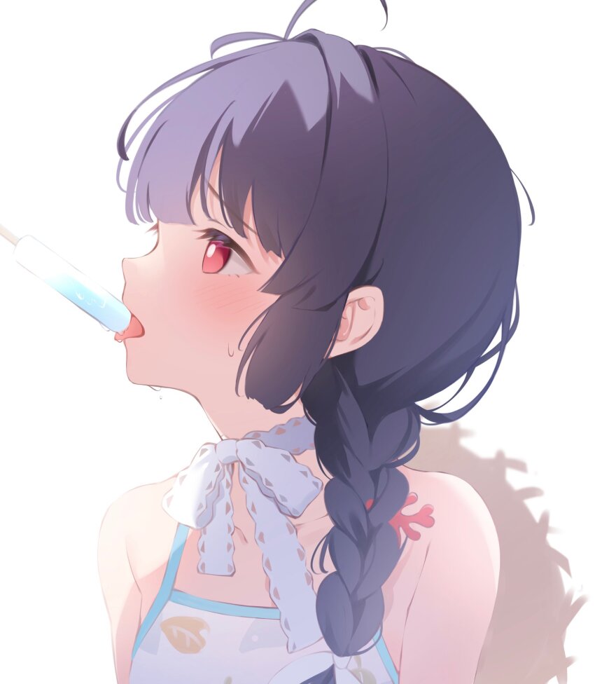 1girl, ahoge, aoitsuki, armpit_crease, bare_shoulders, bikini, black_hair, blue_archive, blush, bow, bowtie, braid, bright_pupils, collarbone, commentary, flat_chest, food, frown, hat, hat_on_back, unworn_headwear, highres, leaf, leaf_on_head, leaf_print, long_hair, looking_up, low_twin_braids, miyu_(blue_archive), miyu_(swimsuit)_(blue_archive), missing_halo, official_alternate_costume, official_alternate_hairstyle, open_mouth, popsicle, red_eyes, simple_background, single_hair_intake, straw_hat, sweat, swimsuit, tongue, tongue_out, twin_braids, white_background, white_bow, white_bowtie, white_pupils