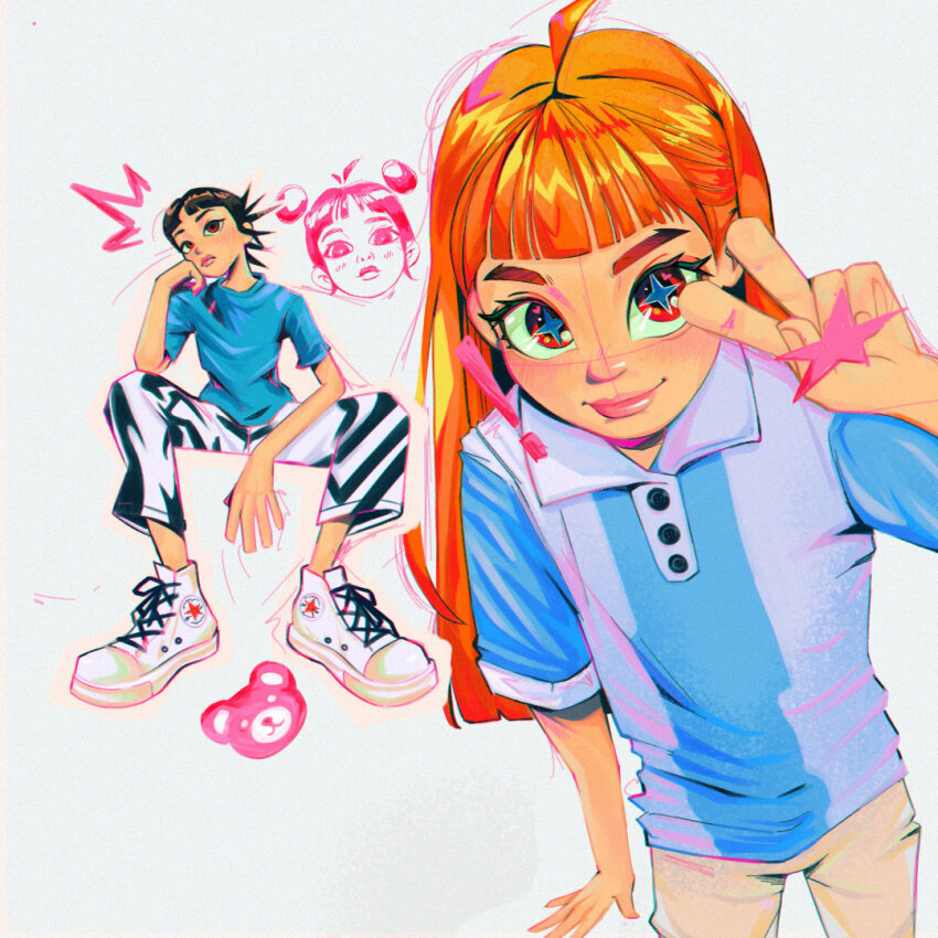 !, 2girls, black_hair, blue_shirt, blunt_bangs, collared_shirt, feet_out_of_frame, gab_(gabellament)