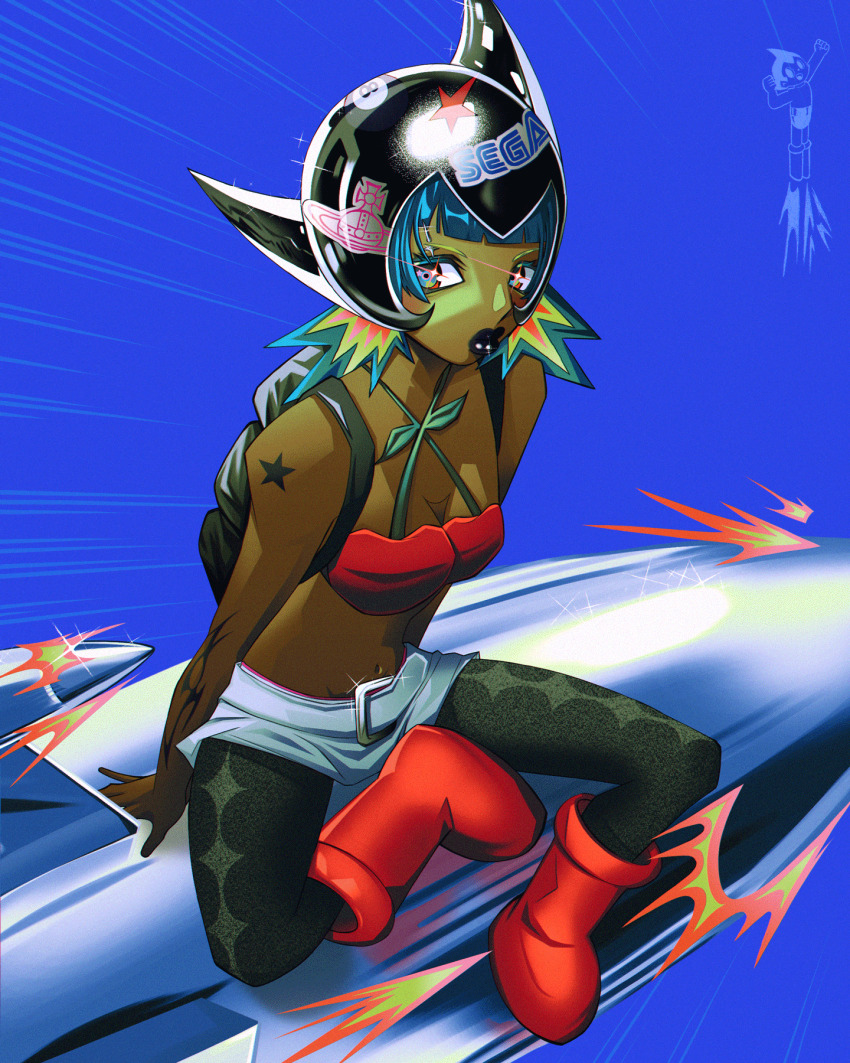 1girl, atom_(tetsuwan_atom), backpack, bag, black_lips, black_pantyhose, blue_background, blunt_bangs