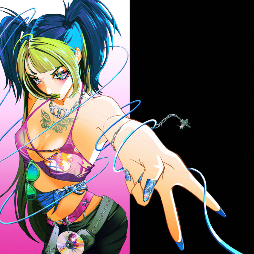 1girl, alternate_costume, belt, black_background, black_belt, black_hair, black_pants, blue_nails, bra, bracelet, breasts, cd, chain, gab_(gabellament), glint, gradient_background, green_eyes, green_hair, green_lips, gyaru, highres, jewelry, jojo_no_kimyou_na_bouken, kuujou_jolyne, multicolored_hair, narciso_anasui, pants, pink_background, pink_belt, pink_bra, print_bra, small_breasts, solo, star_platinum, sunglasses, tattoo, twintails, two-tone_hair, underwear, white_background, y2k_fashion