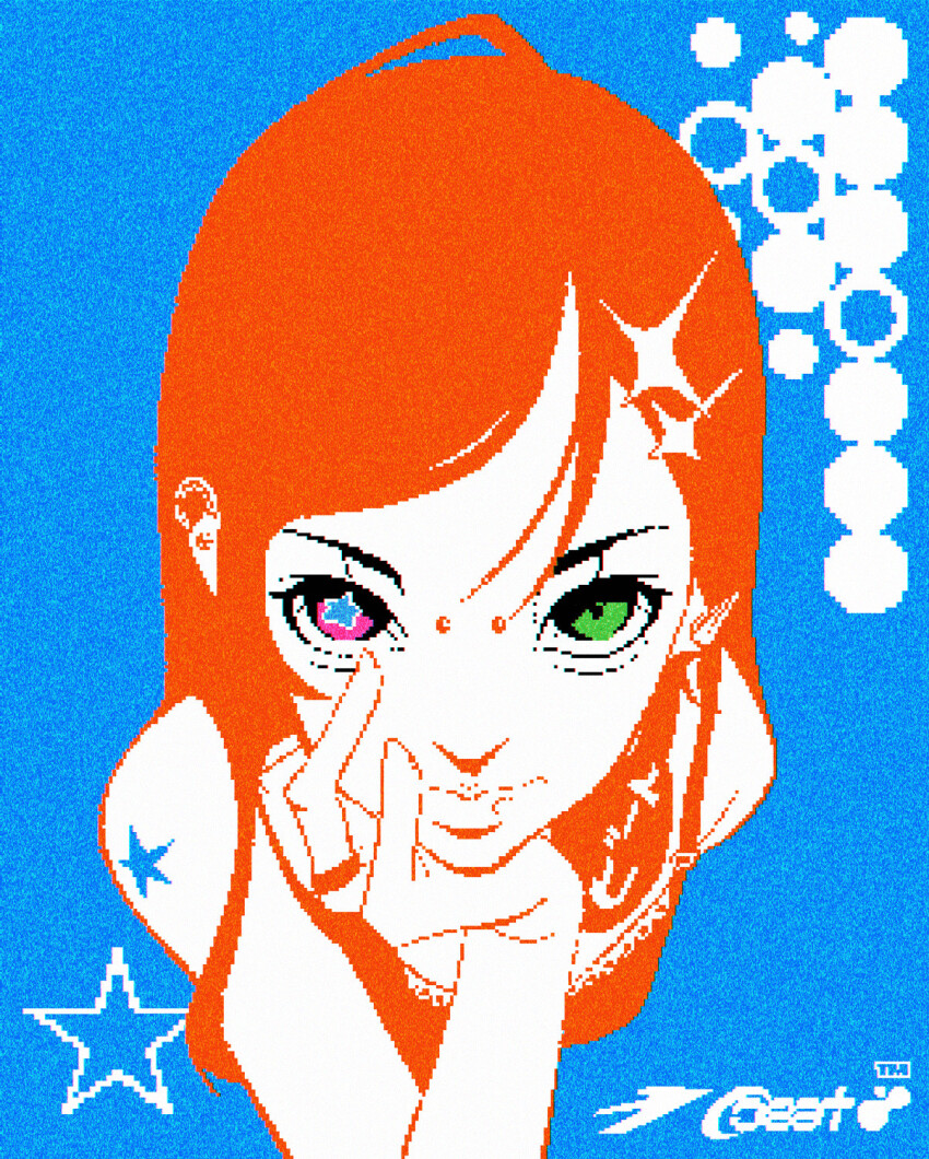 1girl, blue_background, blue_pupils, face_piercing, flat_color, gab_(gabellament), green_eyes, hand_on_own_cheek