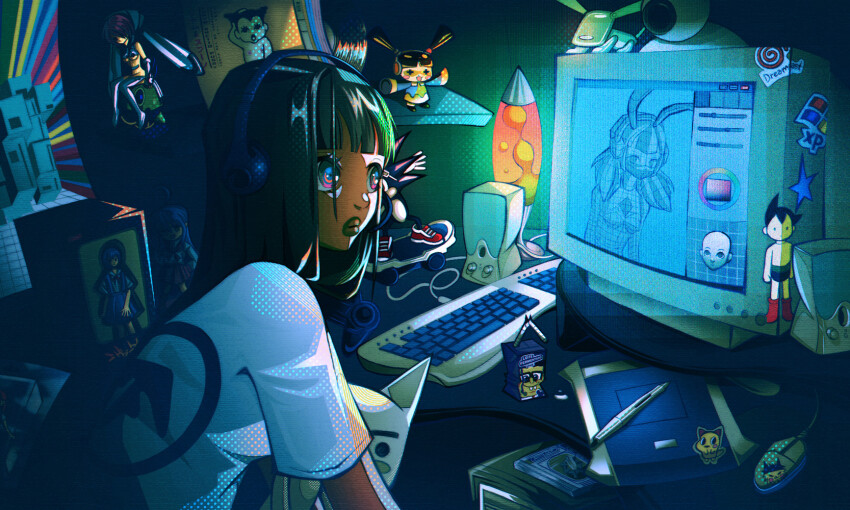1girl, atom_(tetsuwan_atom), black_hair, blunt_bangs, computer_keyboard, dark-skinned_female, dark_skin, drink_carton