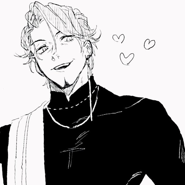 1boy, black_shirt, chabashira_chan, commentary_request, duryodhana_(fate), earrings, facial_hair, fate/grand_order, fate_(series), goatee, heart, jewelry, male_focus, mature_male, monochrome, necklace, sash, shirt, short_hair, shoulder_sash, simple_background, single_earring, smile, solo, upper_body, white_background