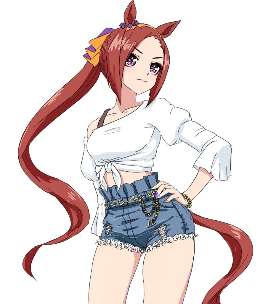 1girl, alternate_costume, animal_ears, bare_shoulders, brown_hair, closed_mouth, commentary_request, denim