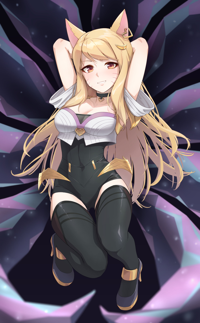 1girl, absurdres, ahri_(league_of_legends), animal_ears, arms_up, black_choker, black_thighhighs, blonde_hair