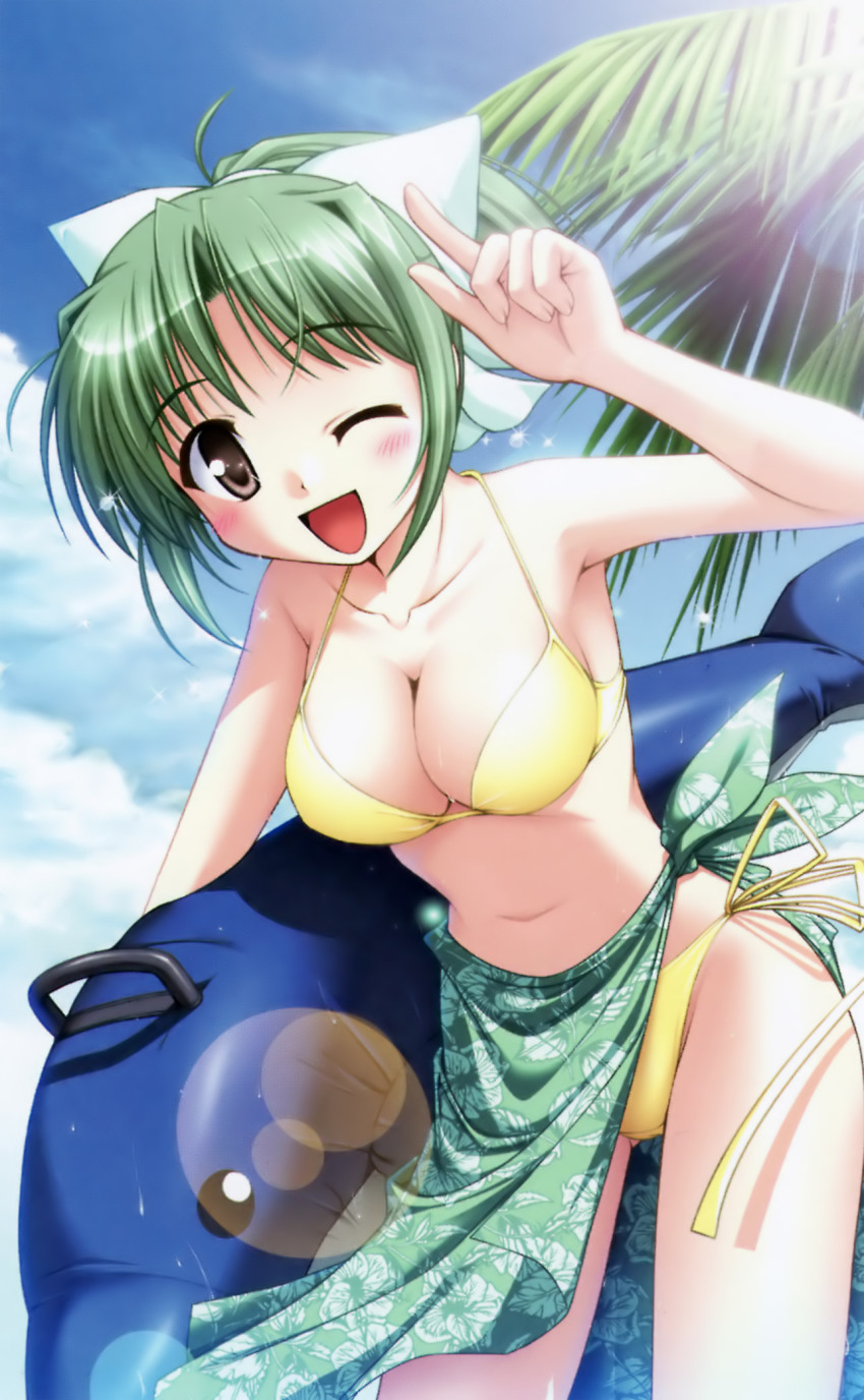 1girl, bekkankou, bikini, blush, breasts, brown_eyes, cleavage, female_focus, green_hair, highres, inflatable_dolphin, inflatable_toy, large_breasts, lens_flare, navel, one_eye_closed, open_mouth, ponytail, sarong, short_hair, side-tie_bikini_bottom, smile, solo, swimsuit, tooyama_midori, wink, yellow_bikini, yoake_mae_yori_ruri_iro_na
