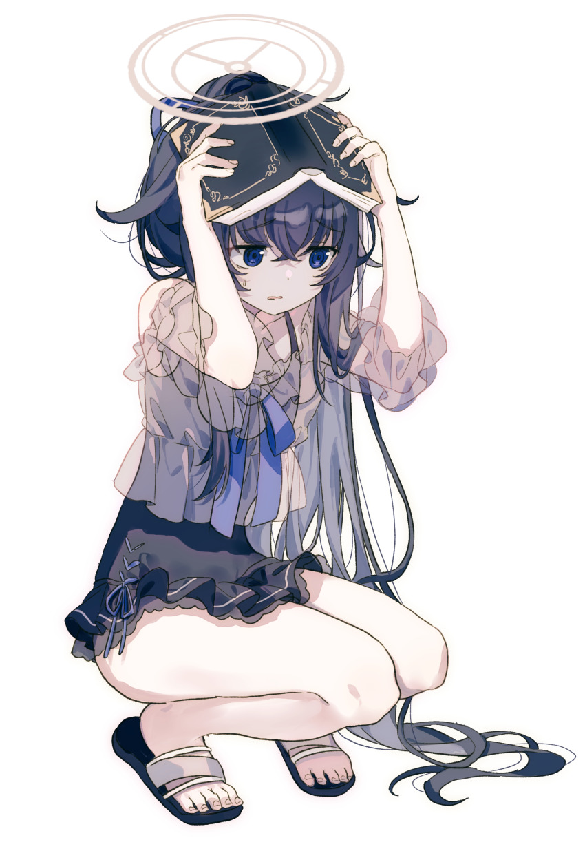 1girl, absurdres, alternate_costume, alternate_hairstyle, bare_legs, black_hair, blue_archive, blue_eyes