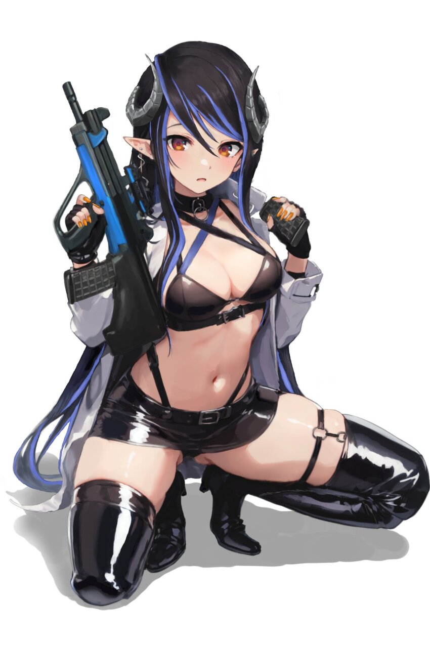 1girl, alternate_costume, belt, belt_collar, bikini, bikini_top_only, black_belt, black_bikini