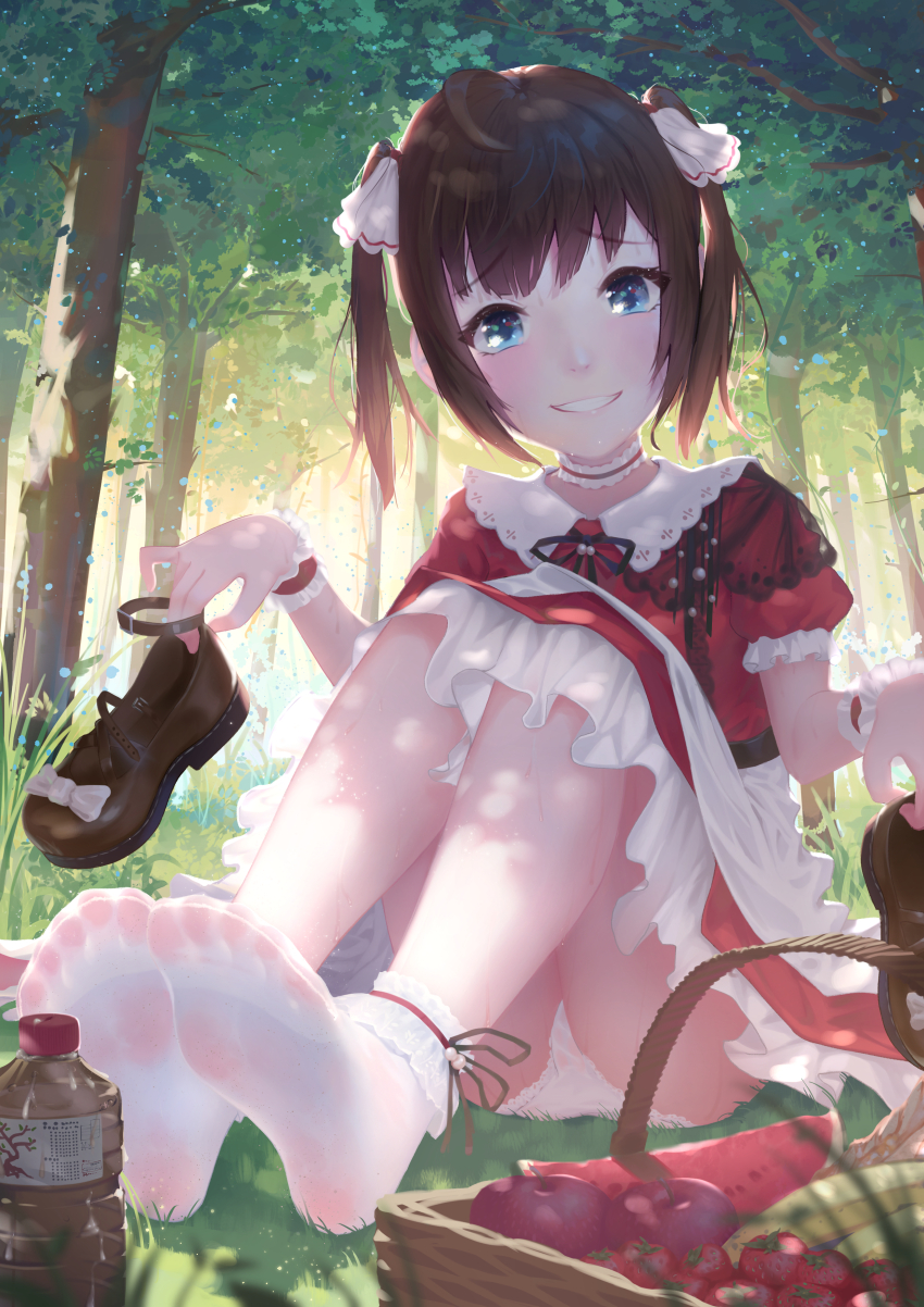 1girl, absurdres, ahoge, apple, banana, basket, black_ribbon, blue_eyes, blush, bow, brown_shoes, choker, dress, eyelashes, feet, food, frilled_choker, frilled_dress, frilled_socks, frills, fruit, grass, hair_ribbon, hands_up, highres, holding, holding_shoes, holding_unworn_clothes, impurmotive, knees_up, legs_together, long_hair, looking_at_viewer, medium_hair, neck_ribbon, no_shoes, original, outdoors, panties, pantyshot_sitting, pink_bow, plastic_bottle, puffy_short_sleeves, puffy_sleeves, red_dress, ribbon, see-through_clothes, see-through_legwear, shoes, short_sleeves, sidelocks, sitting, smile, socks, soles, solo, strawberry, teeth, thighs, toes, tree, twintails, two-tone_dress, underwear, unworn_shoes, upskirt, watermelon, watermelon_slice, white_choker, white_dress, white_panties, white_ribbon, white_socks