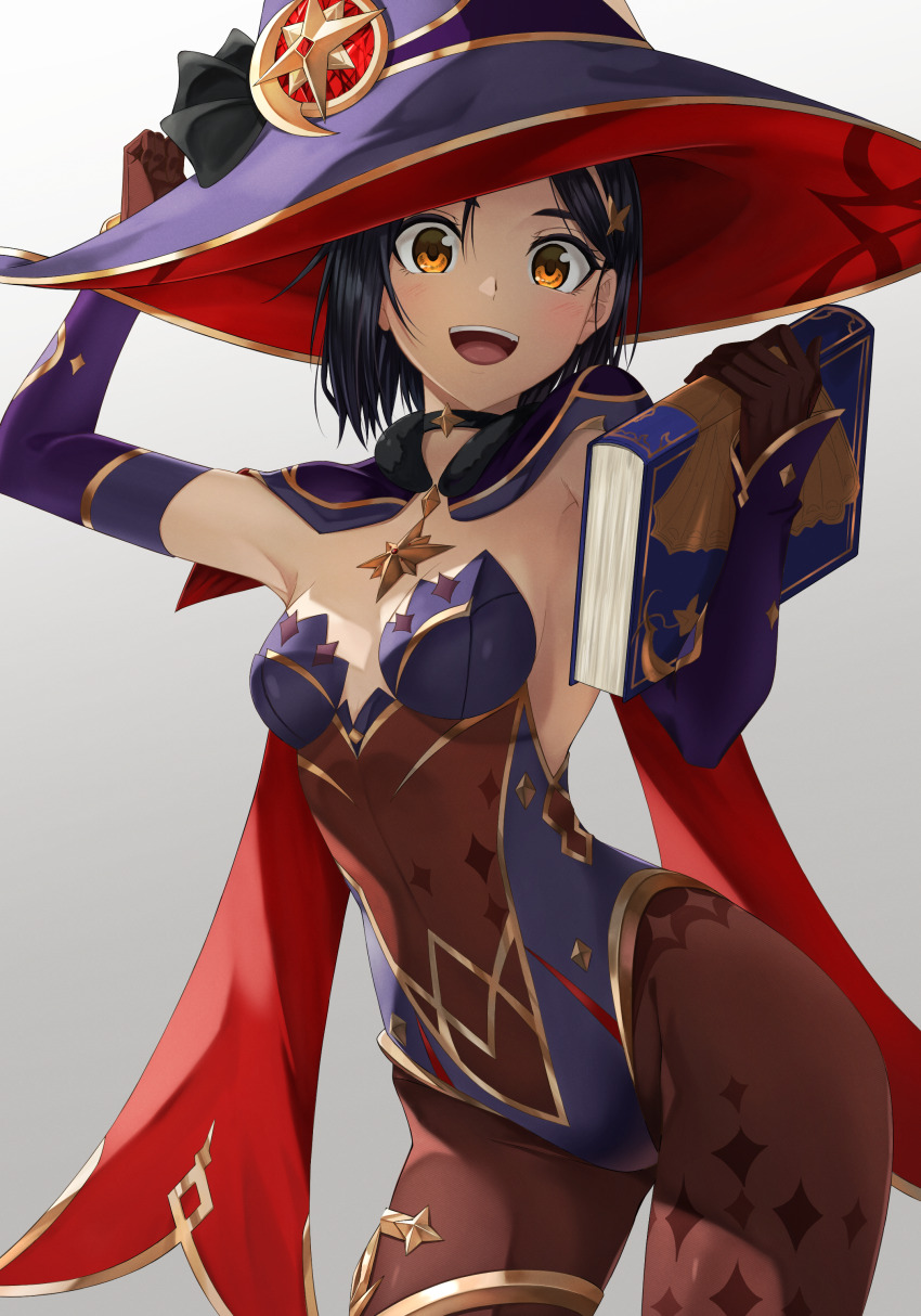 1girl, absurdres, alternate_costume, black_choker, black_hair, bodystocking, brooch, brown_eyes