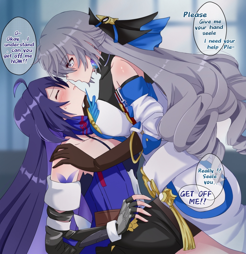 ahoge, bare_shoulders, black_footwear, black_gloves, black_headwear, blue_hair, blue_scarf, blush