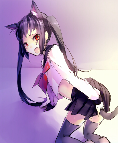 1girl, alternate_costume, animal_ears, aobara, cat_ears, cat_tail, female_focus, k-on!, lowres, midriff, nakano_azusa, school_uniform, serafuku, skirt, solo, tail, tail_grab, thighhighs, twintails, zettai_ryouiki