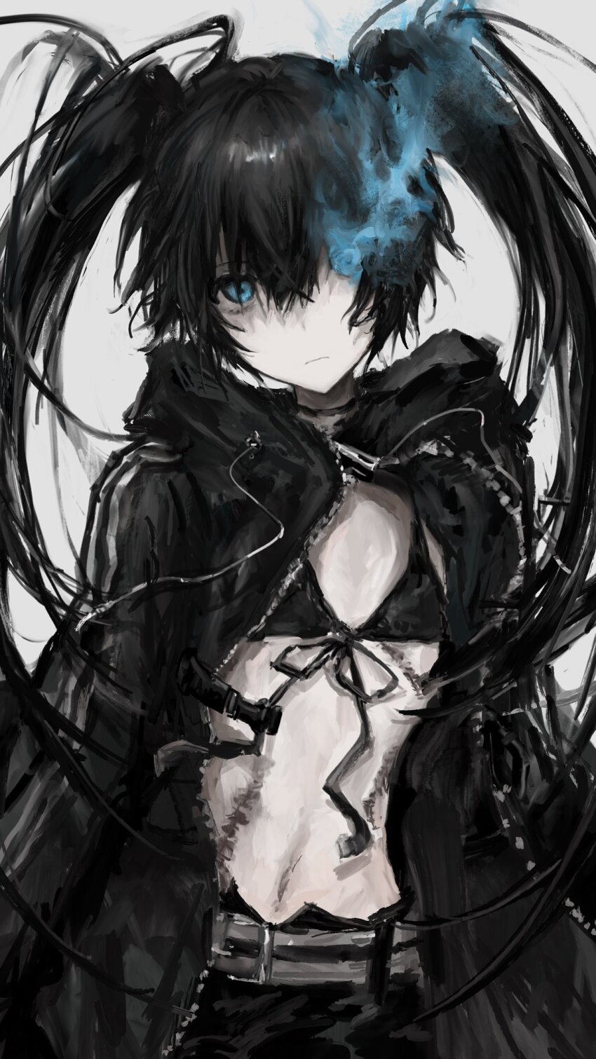 1girl, bikini, bikini_top_only, black_bikini, black_hair, black_jacket, black_rock_shooter, black_rock_shooter_(character), blue_eyes, chan8016, closed_mouth, front-tie_bikini_top, front-tie_top, glowing, glowing_eye, hair_between_eyes, highres, hood, hooded_jacket, jacket, limited_palette, long_hair, looking_at_viewer, open_clothes, open_jacket, pale_skin, scar, simple_background, solo, swimsuit, twintails, upper_body