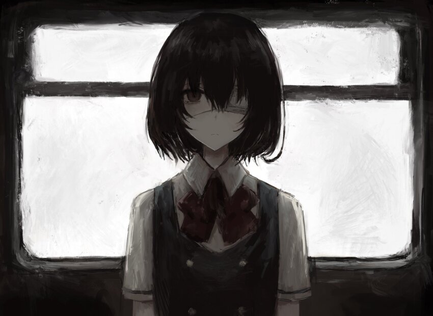 1girl, another, black_hair, bob_cut, bow, bowtie, brown_eyes, chan8016, closed_mouth, collared_shirt, commentary, dress, english_commentary, expressionless, eyepatch, hair_between_eyes, highres, looking_at_viewer, medical_eyepatch, misaki_mei, pinafore_dress, red_bow, red_bowtie, shirt, short_hair, short_sleeves, sleeveless, sleeveless_dress, solo, straight-on, upper_body, white_shirt
