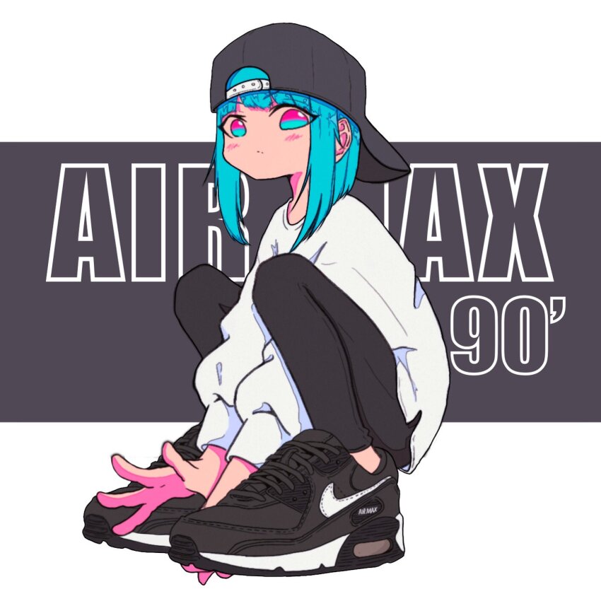 1girl, air_max, air_max_90, aqua_eyes, aqua_hair, arms_between_legs, backwards_hat, baseball_cap