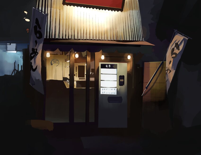 banner, corrugated_galvanized_iron_sheet, dark, darumaaaane, entrance, highres, light, light_bulb