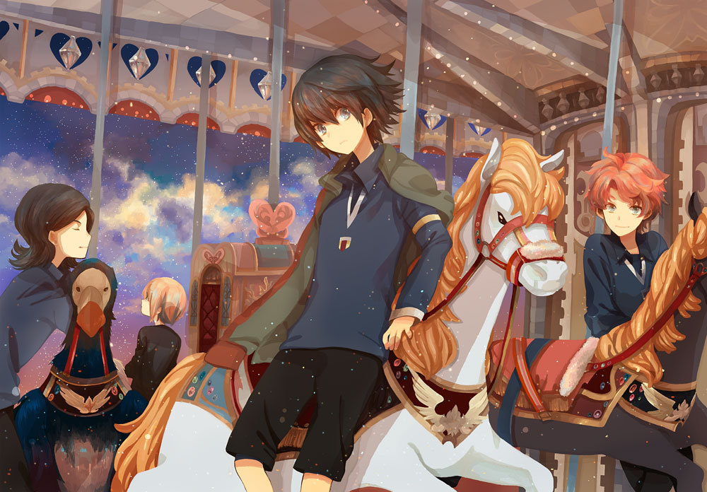 1girl, 3boys, blue_eyes, brown_hair, carousel, cloud, fideo_aldena, gianluca_zanardi