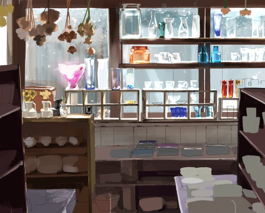 bowl, cup, darumaaaane, drinking_glass, flower, glass, highres, indoors