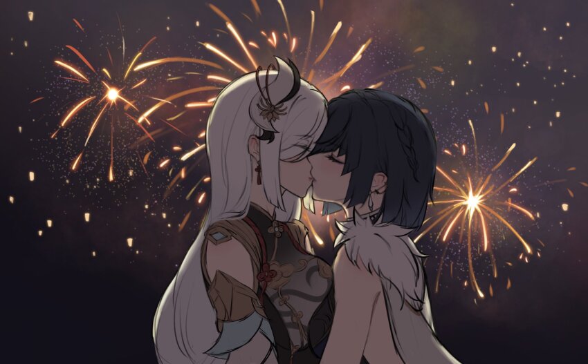 2girls, a_ai_ri, bare_shoulders, blue_hair, breasts, chinese_clothes, closed_eyes, closed_mouth