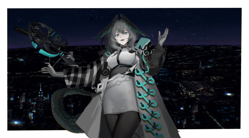 1girl, :d, absurdres, aqua_eyes, aqua_wings, arknights, black_jacket, black_pantyhose, black_wings, breasts, cityscape, commentary_request, dress, gloves, grey_gloves, hair_between_eyes, hand_up, head_wings, highres, ho'olheyak_(arknights), jacket, long_sleeves, looking_at_viewer, medium_breasts, night, open_clothes, open_jacket, open_mouth, pantyhose, puffy_long_sleeves, puffy_sleeves, qunai, sky, smile, solo, star_(sky), starry_sky, tail, white_dress, wings