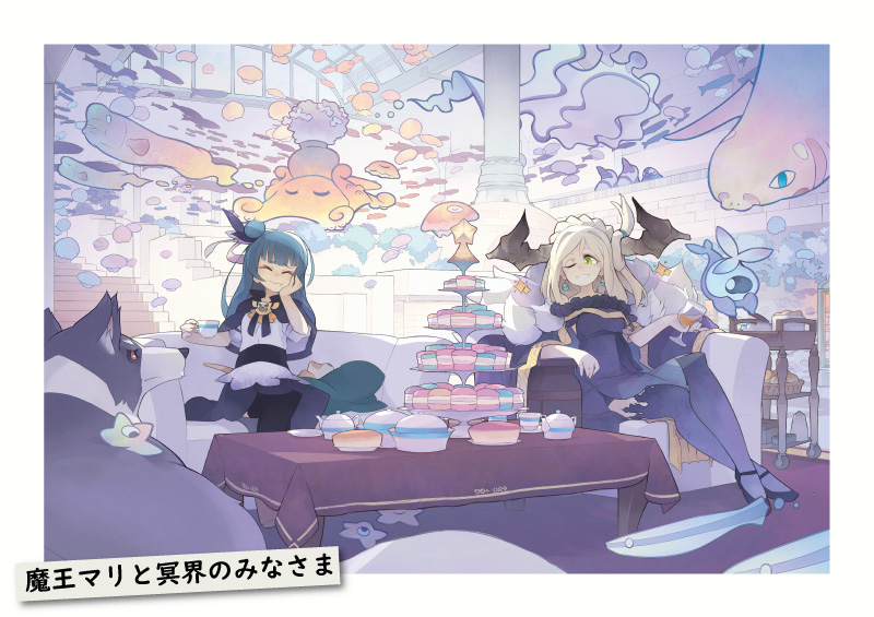 2girls, akitsu_taira, braid, crown_braid, demon_girl, demon_horns, dress, genjitsu_no_yohane