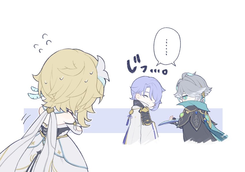 ..., 1girl, 2boys, ^_^, alhaitham_(genshin_impact), arabian_clothes, blonde_hair, blue_hair