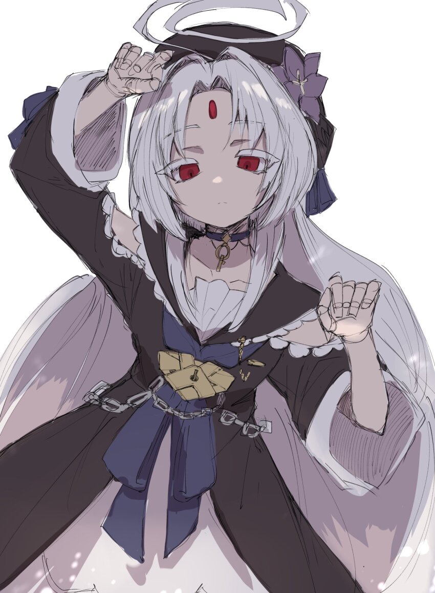 1girl, ahoge, black_headwear, bow, choker, cosplay, dress, flower, forehead_jewel, frilled_dress, frills, hair_flower, hair_ornament, hair_tubes, hairband, hayase, herta_(honkai:_star_rail), herta_(honkai:_star_rail)_(cosplay), herta_(puppet)_(honkai:_star_rail), highres, honkai:_star_rail, honkai_(series), huge_ahoge, long_hair, neon_trim, red_eyes, simple_background, solo, twintails, under_night_in-birth, vatista_(under_night_in-birth), very_long_hair, white_background, white_hair