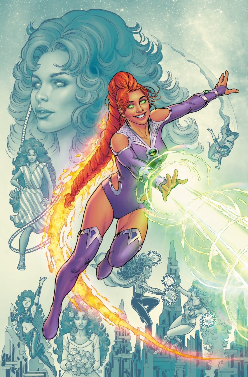 2girls, alien, blackfire, braid, cape, colored_skin, comic_cover, commentary, curly_hair, dc_comics, dress, energy_beam, english_commentary, fiery_hair, flower, flying, full_body, green_eyes, hair_flower, hair_ornament, highres, long_hair, multiple_girls, navel, nicolascottart, official_art, orange_skin, red_hair, sandals, smile, starfire, superhero_costume, teen_titans, western_comics_(style)