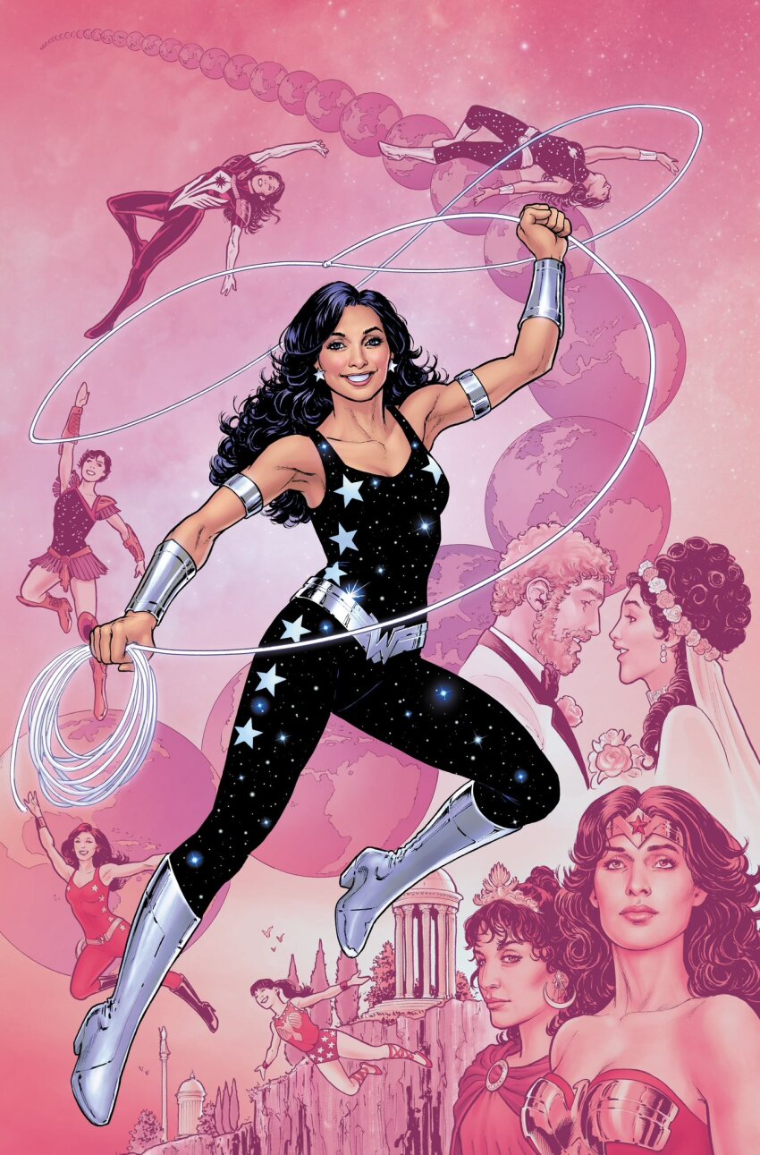 1boy, 3girls, beard, black_hair, blonde_hair, boots, comic_cover, commentary, dc_comics, diana_prince, donna_troy, earrings, earth_(planet), english_commentary, facial_hair, flying, full_body, highres, hippolyta_(dc), holding, holding_lasso, holding_rope, jewelry, lasso, leotard, multiple_girls, nicolascottart, official_art, planet, rope, short_hair, star_(symbol), star_print, superhero_costume, teen_titans, western_comics_(style), wonder_girl, wonder_woman, wonder_woman_(series)
