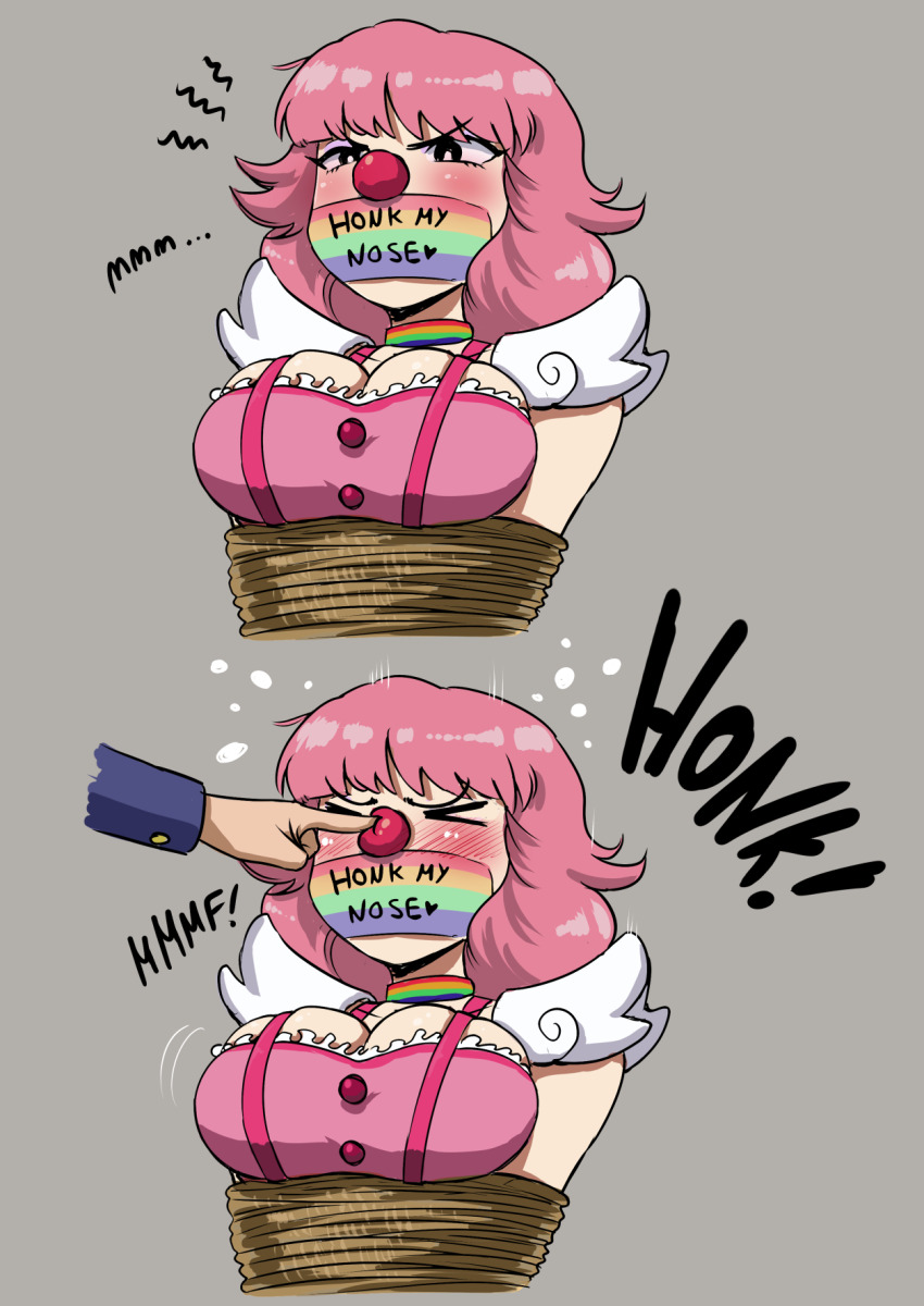 1boy, 1girl, ace_attorney, alternate_breast_size, bdsm, bondage, bound, breasts, cleavage, clown_nose, commentary, english_commentary, english_text, gag, geiru_toneido, highres, improvised_gag, issa_castagno, large_breasts, phoenix_wright, phoenix_wright:_ace_attorney_-_spirit_of_justice, pink_hair, poking, rainbow, solo_focus