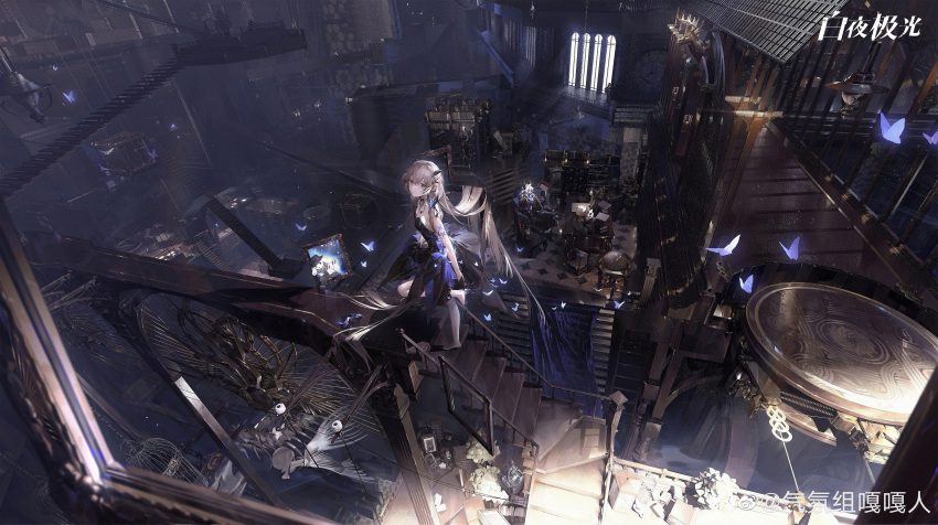 1boy, 2girls, absurdly_long_hair, absurdres, alchemy_stars, allura_(alchemy_stars), animal_skeleton, areia_(alchemy_stars), areia_(night_to_remember)_(alchemy_stars), armchair, bare_shoulders, black_dress, black_gloves, book, bookshelf, breasts, brown_hair, bug, butterfly, celestial_globe, chair, desk, desk_lamp, dress, empty_picture_frame, glass_slipper, gloves, hair_ornament, hair_spread_out, half_gloves, hanging_light, high_heels, highres, holding_own_dress, indoors, insect, lamp, long_hair, looking_at_viewer, multiple_girls, picture_frame, plant, potted_plant, shoes, shuiyaoximushi, single_shoe, sitting, small_breasts, stairs, strapless, strapless_dress, tourdog_(character), very_long_hair, walking, watermark, weibo_watermark, window