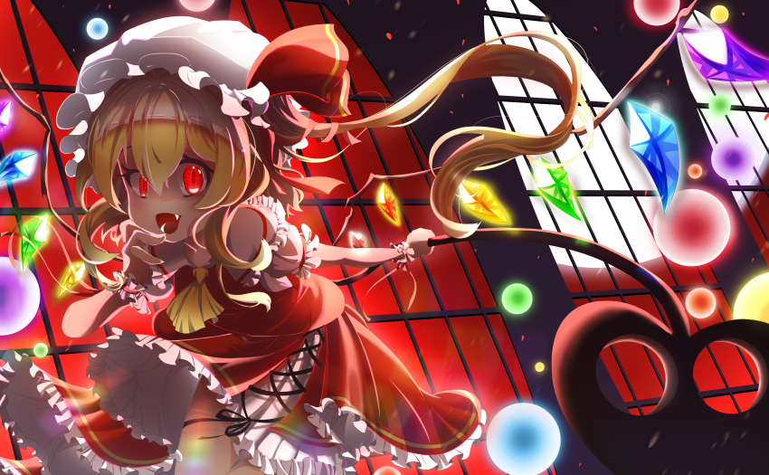 1girl, absurdres, ascot, blonde_hair, cross-laced_clothes, cross-laced_skirt, crystal, crystal_wings, danmaku, eyelashes, fang, flandre_scarlet, frilled_cuffs, frilled_hat, frilled_skirt, frilled_sleeves, frills, full_moon, hand_to_own_mouth, hat, hat_ribbon, highres, holding, holding_weapon, huang_j_xuan, indoors, laevatein_(touhou), leaning_forward, lolita_fashion, long_hair, looking_at_viewer, mob_cap, moon, one_side_up, open_mouth, puffy_short_sleeves, puffy_sleeves, red_eyes, red_ribbon, red_skirt, red_sky, red_vest, ribbon, shirt, short_sleeves, side_ponytail, skirt, skirt_set, sky, smile, touhou, touhou_cannonball, vest, weapon, white_headwear, white_shirt, white_wrist_cuffs, window, wings, wrist_cuffs, yandere, yellow_ascot