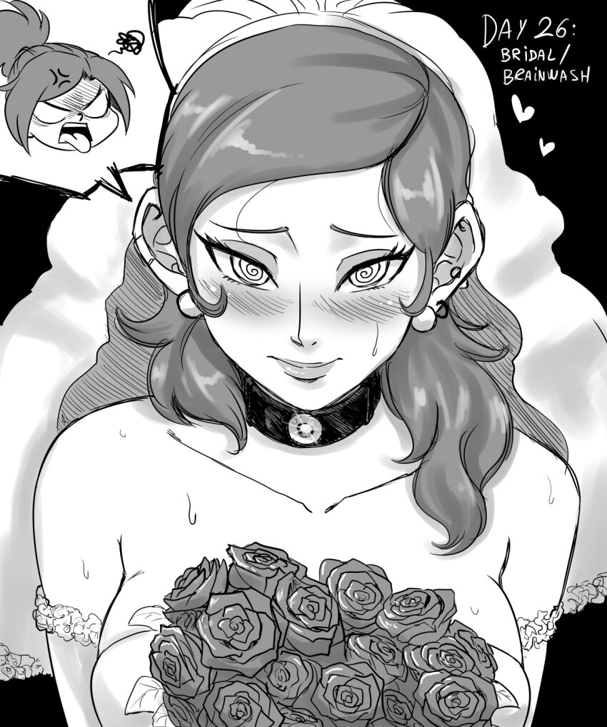 1girl, @_@, alternate_hairstyle, bdsm, blank_eyes, body_control, bouquet, bridal_veil