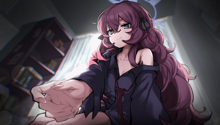 1girl, black_shirt, blue_archive, blue_halo, book, grey_eyes, halo, highres, iroha_(blue_archive), long_hair, red_hair, sababa, shirt, sitting, solo, twitter