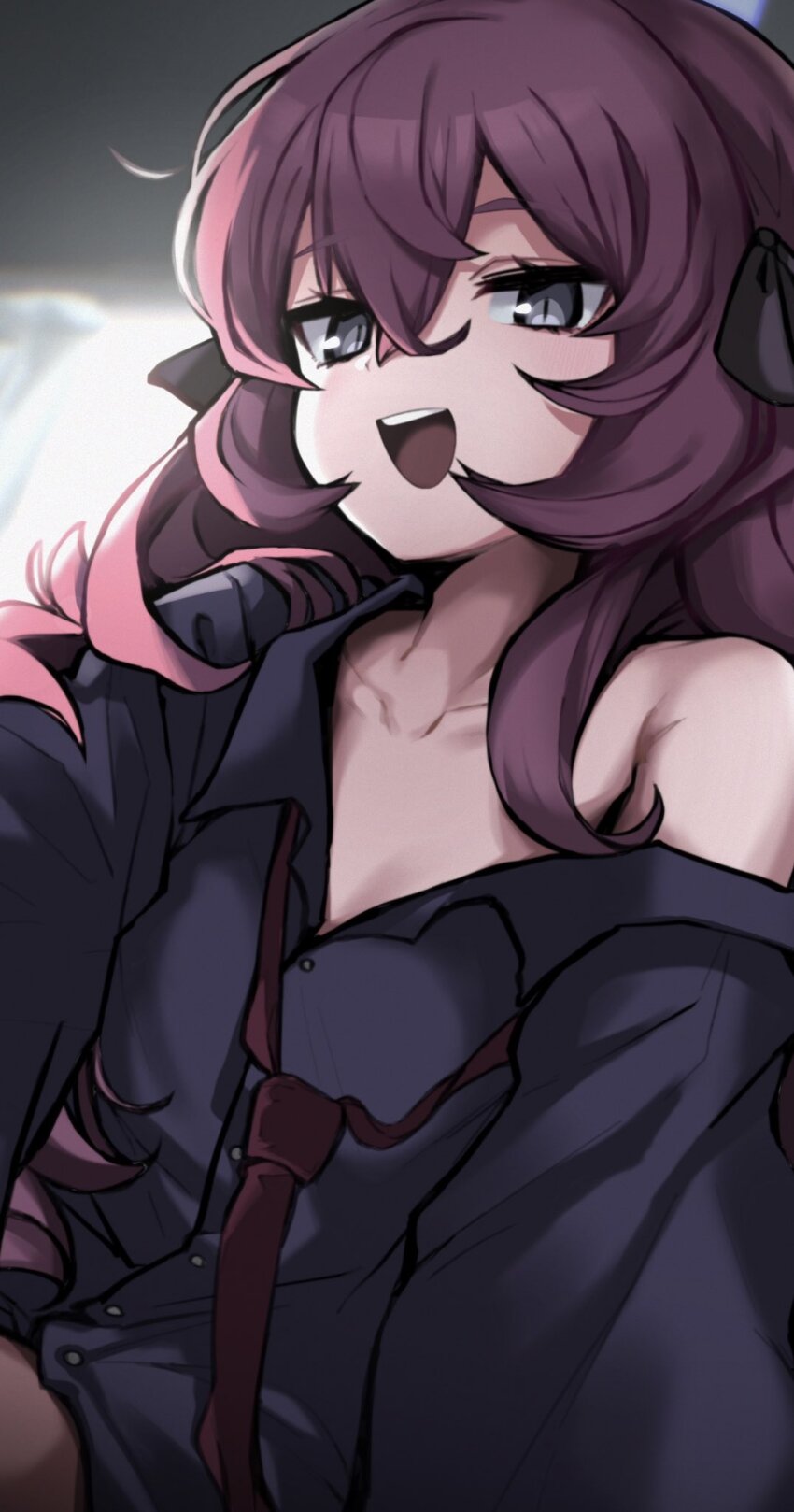 1girl, black_shirt, blue_archive, blue_halo, grey_eyes, halo, highres, iroha_(blue_archive), long_hair, red_hair, sababa, shirt, sitting, smile, solo, twitter